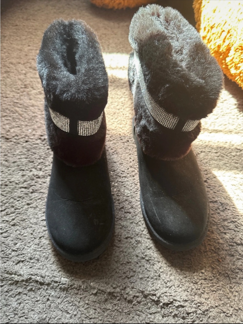 Women's Black Faux Fur Winter Boots with Rhinestone Accent
